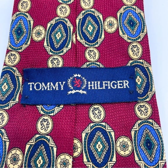 Tommy Hilfiger Necktie Dark Red Navy and Gold - Picture 3 of 10